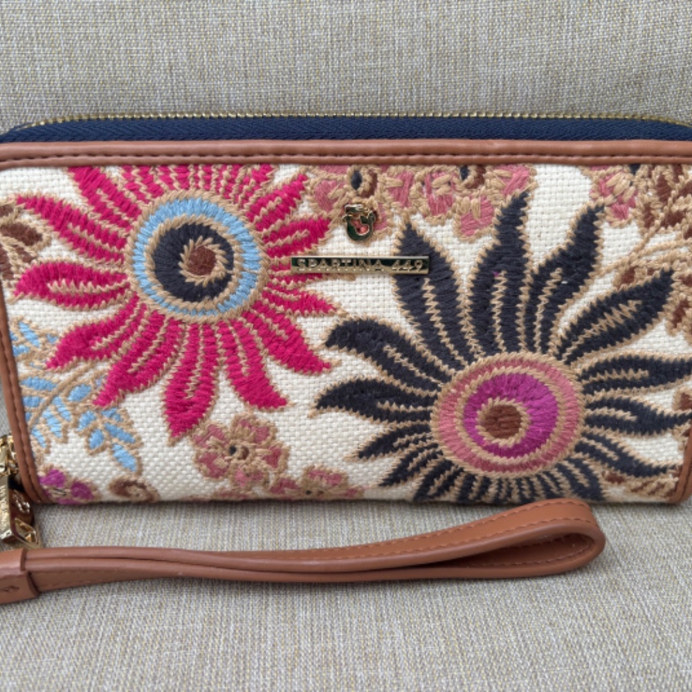 Spartina 449 Fall Floral Wallet/Wristlet Natural Linen Genuine Leather